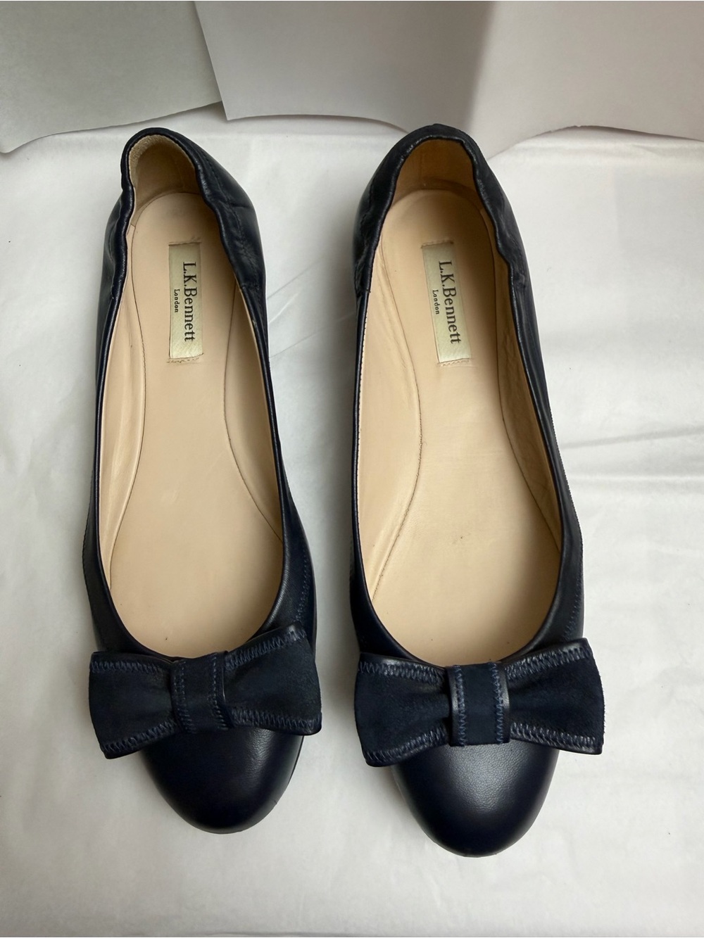 LK Bennett Navy Leather Bow Flat Shoes